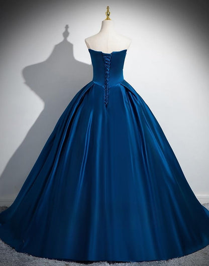 Vestido de fiesta largo de satén azul, corte A, sin tirantes, vestido formal azul ED01233
