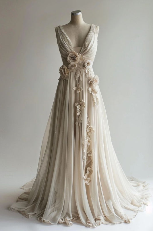 Vestido de fiesta largo de gasa con escote en V y cuentas, corte A, vestido de novia con apliques vintage ED01234