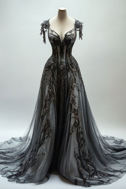 Vestido de fiesta largo de tul con lentejuelas y encaje, escote en V y apliques negros, gris oscuro, ED01235