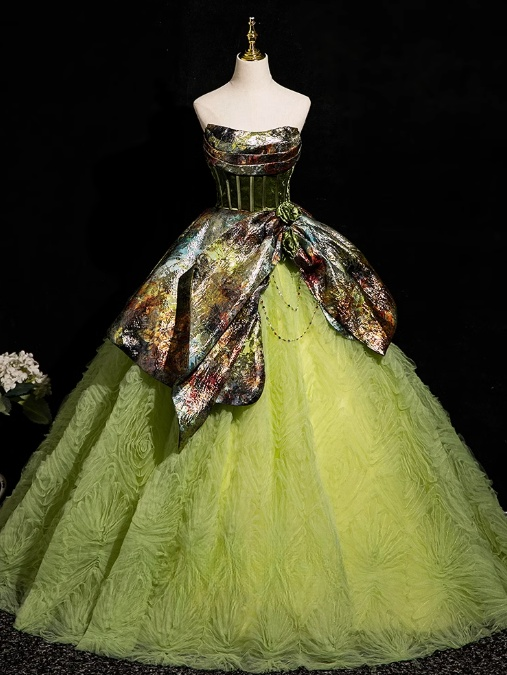 Vestido de fiesta largo de tul satinado sin tirantes, corte A, verde, vestido formal verde ED01236