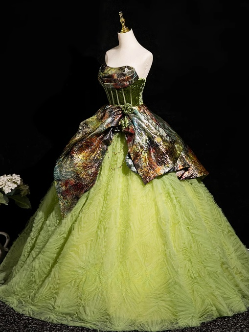 Vestido de fiesta largo de tul satinado sin tirantes, corte A, verde, vestido formal verde ED01236