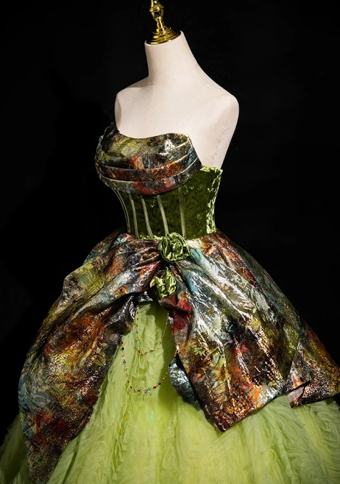 Vestido de fiesta largo de tul satinado sin tirantes, corte A, verde, vestido formal verde ED01236