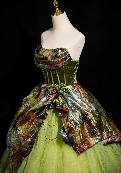 Vestido de fiesta largo de tul satinado sin tirantes, corte A, verde, vestido formal verde ED01236