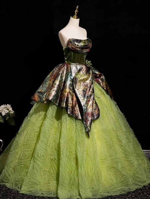 Vestido de fiesta largo de tul satinado sin tirantes, corte A, verde, vestido formal verde ED01236