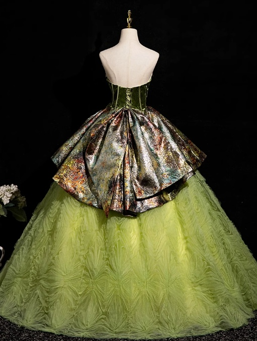 Vestido de fiesta largo de tul satinado sin tirantes, corte A, verde, vestido formal verde ED01236