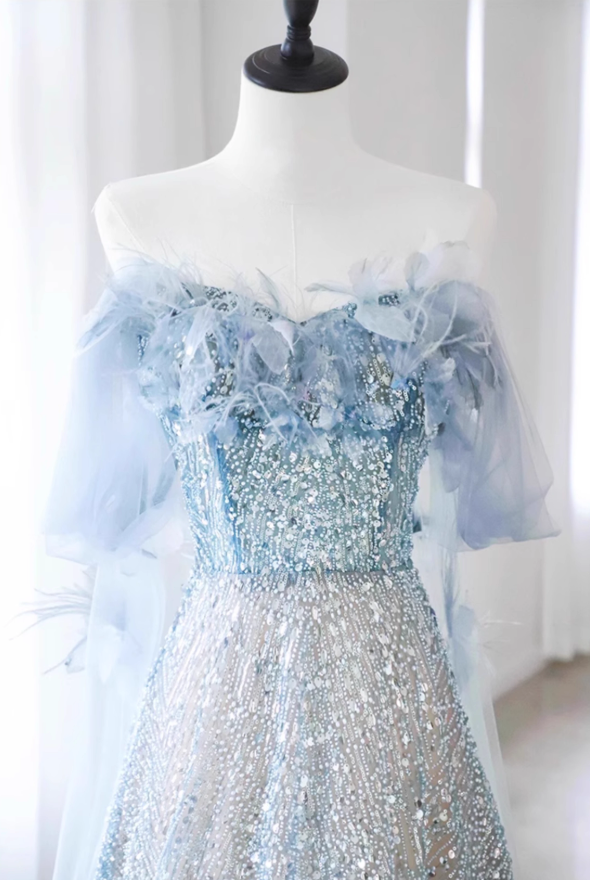 Vestido de fiesta largo azul de tul con lentejuelas y hombros descubiertos, corte en A, vestido formal azul ED01237