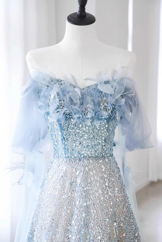 Vestido de fiesta largo azul de tul con lentejuelas y hombros descubiertos, corte en A, vestido formal azul ED01237