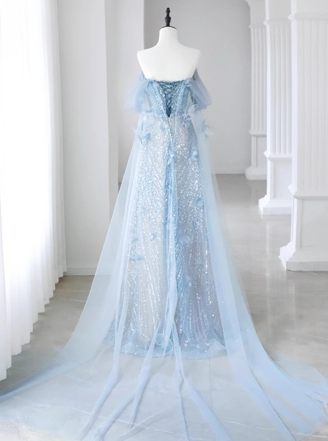 Vestido de fiesta largo azul de tul con lentejuelas y hombros descubiertos, corte en A, vestido formal azul ED01237