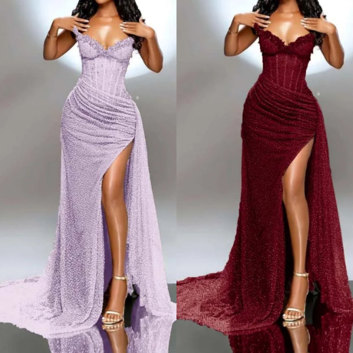 Elegante vestido de fiesta largo sin tirantes, con lentejuelas brillantes y cuentas, vestido formal de noche con abertura ED01240