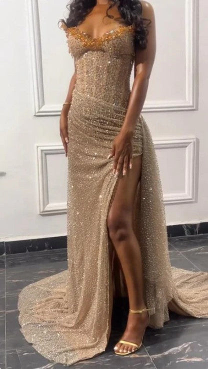 Elegante vestido de fiesta largo sin tirantes, con lentejuelas brillantes y cuentas, vestido formal de noche con abertura ED01240