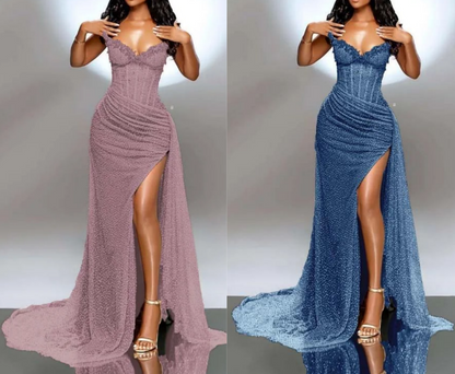 Elegante vestido de fiesta largo sin tirantes, con lentejuelas brillantes y cuentas, vestido formal de noche con abertura ED01240