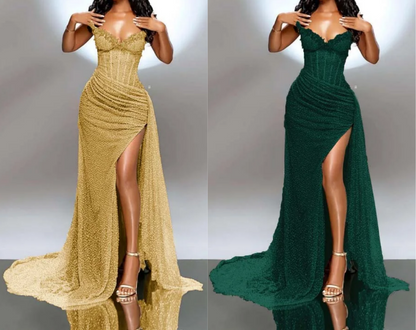 Elegante vestido de fiesta largo sin tirantes, con lentejuelas brillantes y cuentas, vestido formal de noche con abertura ED01240