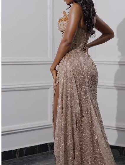 Elegante vestido de fiesta largo sin tirantes, con lentejuelas brillantes y cuentas, vestido formal de noche con abertura ED01240