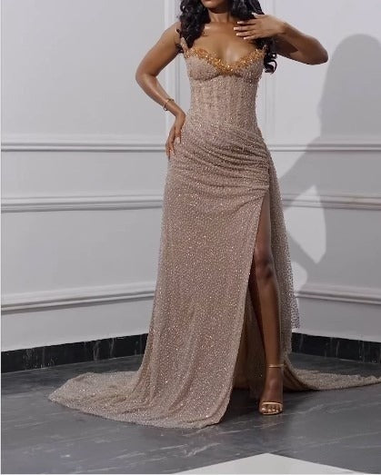 Elegante vestido de fiesta largo sin tirantes, con lentejuelas brillantes y cuentas, vestido formal de noche con abertura ED01240