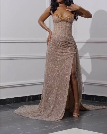 Elegante vestido de fiesta largo sin tirantes, con lentejuelas brillantes y cuentas, vestido formal de noche con abertura ED01240