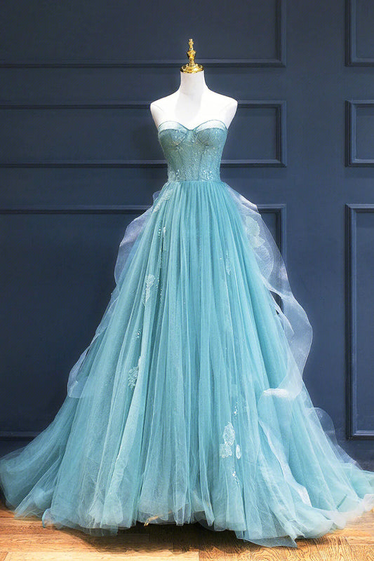 Vestido largo formal de tul con encaje y escote corazón, corte A, vestido de noche verde ED01242