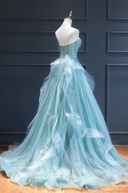 Vestido largo formal de tul con encaje y escote corazón, corte A, vestido de noche verde ED01242