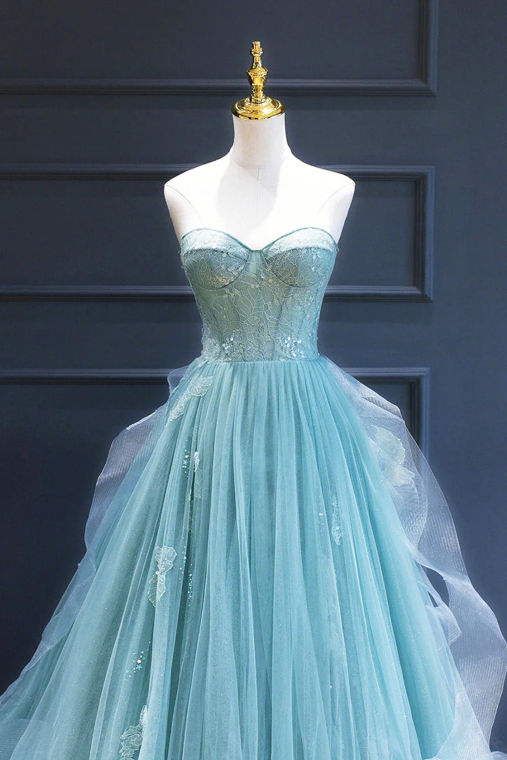 Vestido largo formal de tul con encaje y escote corazón, corte A, vestido de noche verde ED01242