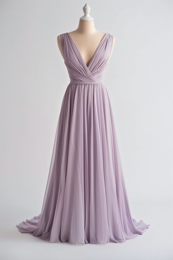 Vestido de fiesta largo de gasa con escote en V y corte en A en morado claro, vestido de dama de honor sencillo ED01244