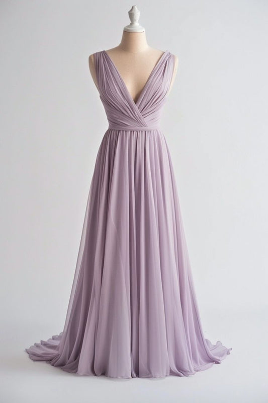 Vestido de fiesta largo de gasa con escote en V y corte en A en morado claro, vestido de dama de honor sencillo ED01244