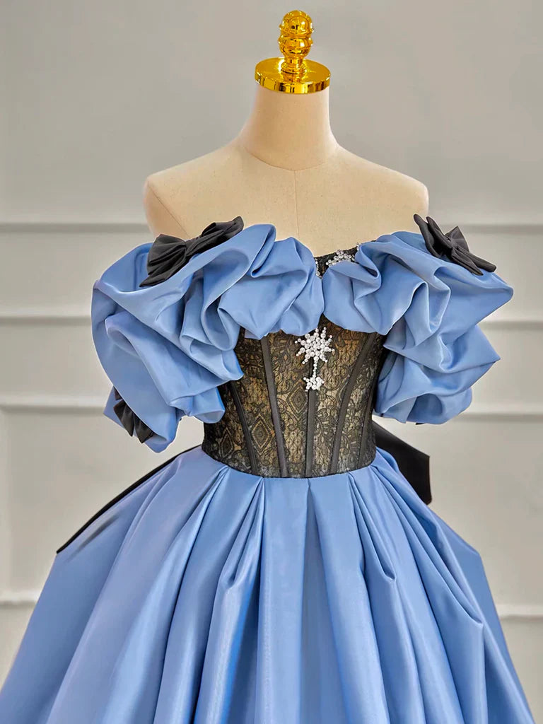 Vestido de fiesta largo azul de satén con hombros descubiertos y corte en A, vestido formal largo azul ED01247
