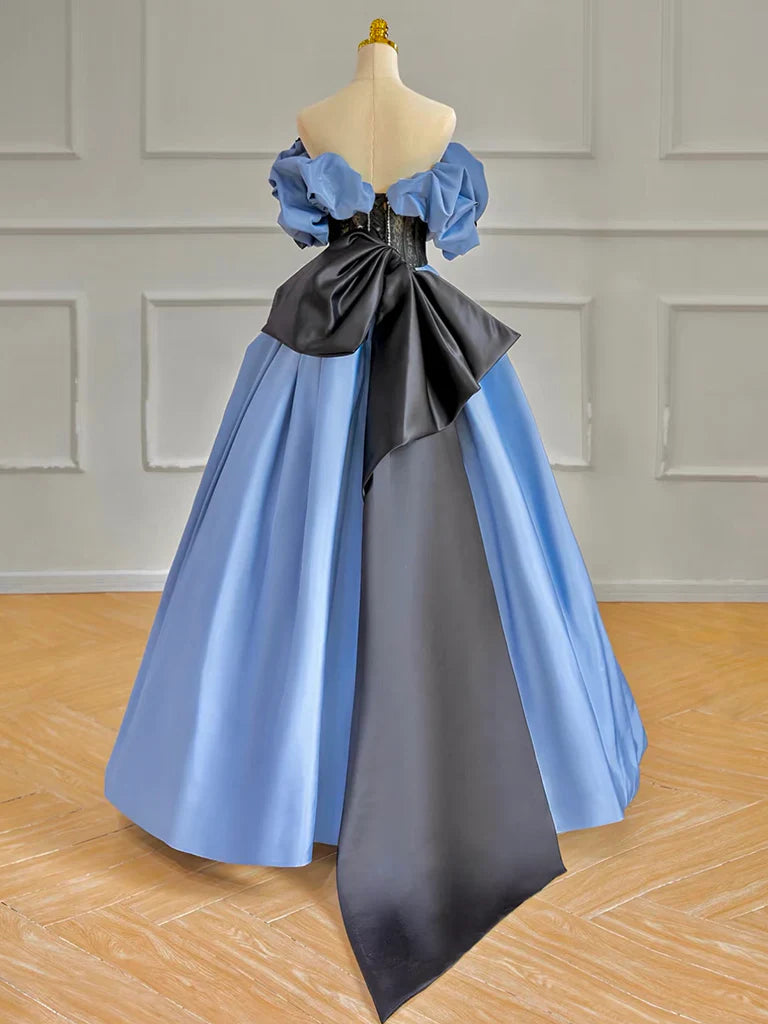 Vestido de fiesta largo azul de satén con hombros descubiertos y corte en A, vestido formal largo azul ED01247