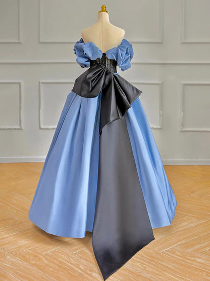 Vestido de fiesta largo azul de satén con hombros descubiertos y corte en A, vestido formal largo azul ED01247