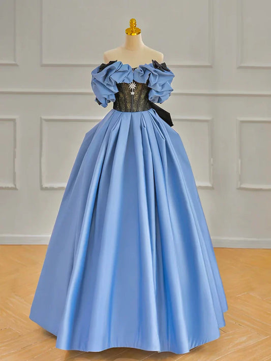 Vestido de fiesta largo azul de satén con hombros descubiertos y corte en A, vestido formal largo azul ED01247