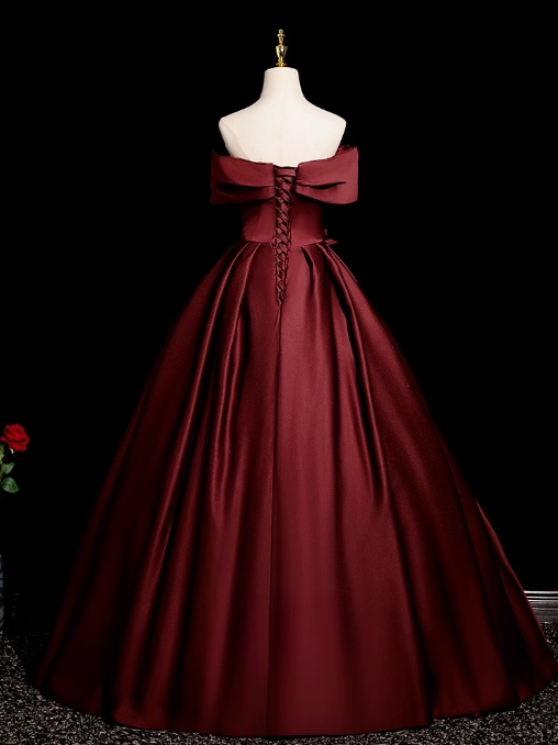 Vestido de fiesta largo de satén burdeos con corte en A y hombros descubiertos, vestido formal burdeos ED01248