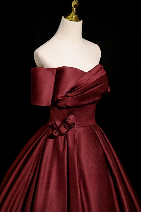 Vestido de fiesta largo de satén burdeos con corte en A y hombros descubiertos, vestido formal burdeos ED01248