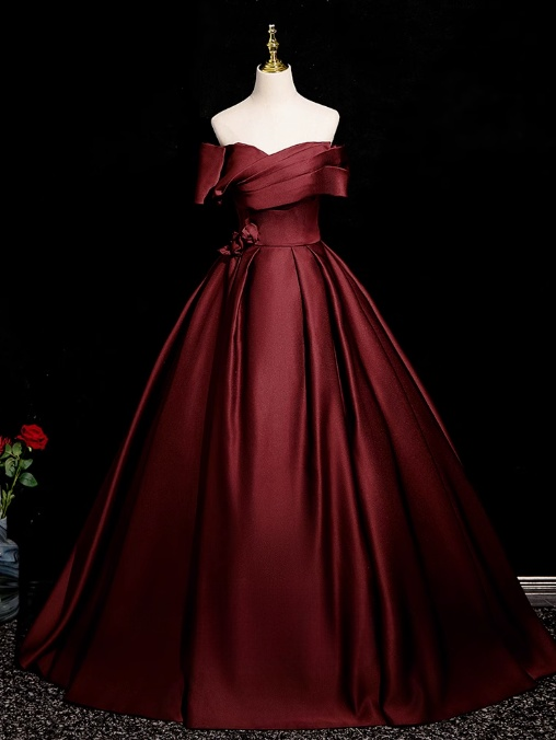 Vestido de fiesta largo de satén burdeos con corte en A y hombros descubiertos, vestido formal burdeos ED01248