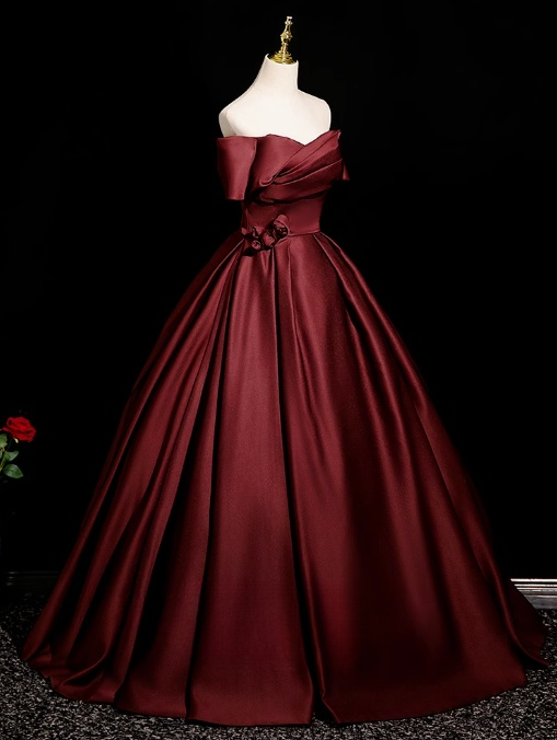 Vestido de fiesta largo de satén burdeos con corte en A y hombros descubiertos, vestido formal burdeos ED01248