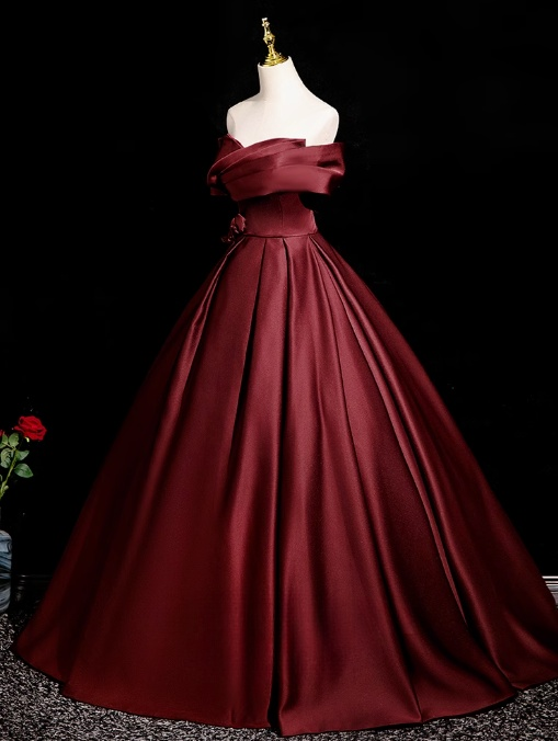 Vestido de fiesta largo de satén burdeos con corte en A y hombros descubiertos, vestido formal burdeos ED01248