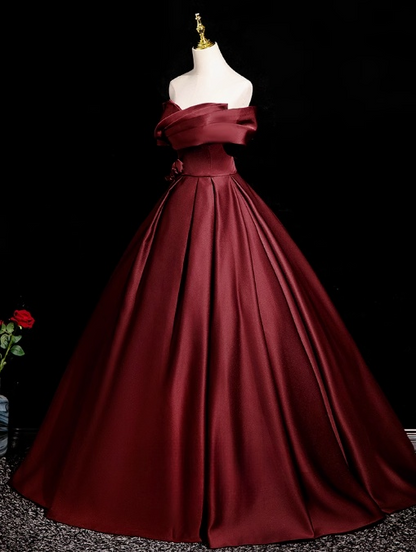 Vestido de fiesta largo de satén burdeos con corte en A y hombros descubiertos, vestido formal burdeos ED01248