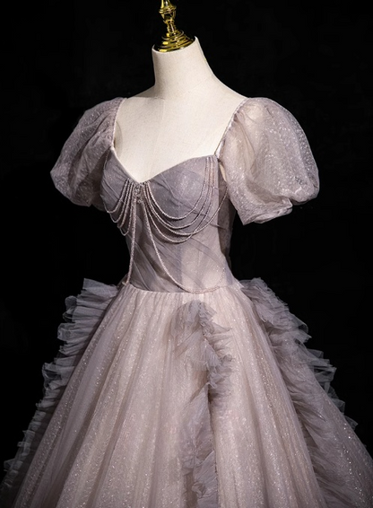 Vestido de fiesta largo morado de tul con lentejuelas y escote en V, corte A, vestido formal morado ED01249