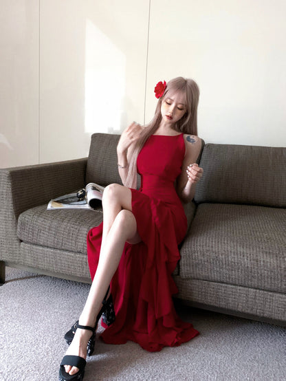Vestido francés burdeos con tirantes en forma de A ED01253