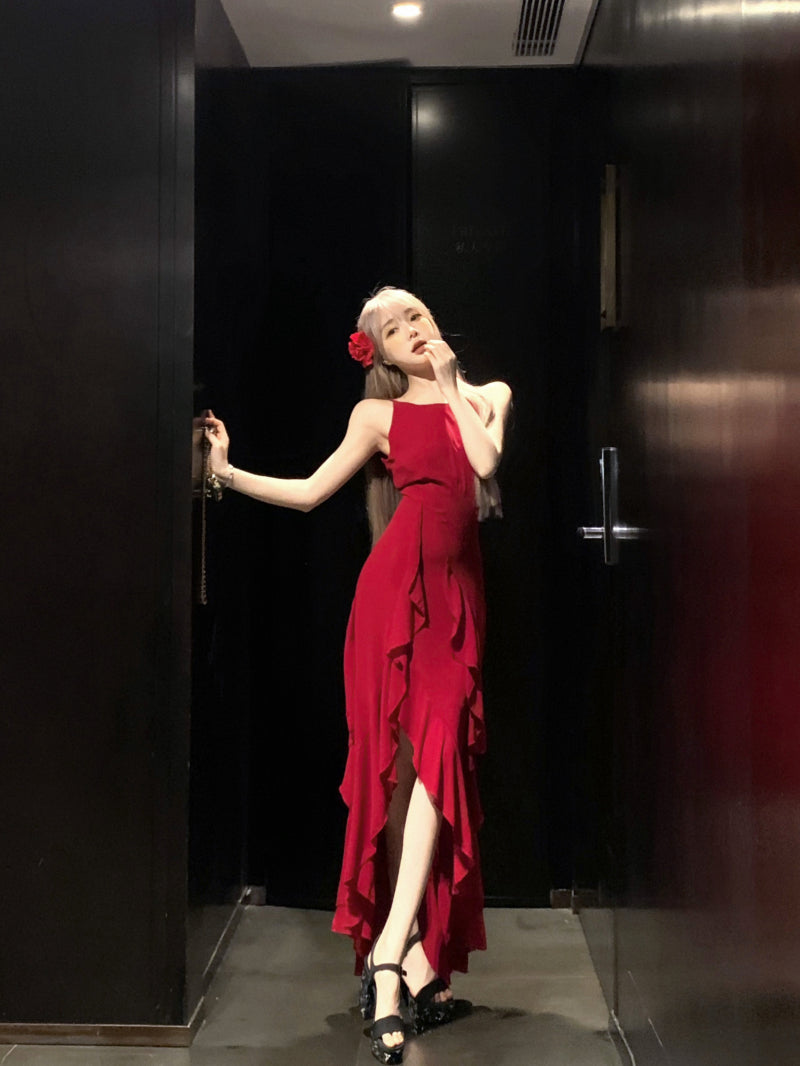 Vestido francés burdeos con tirantes en forma de A ED01253
