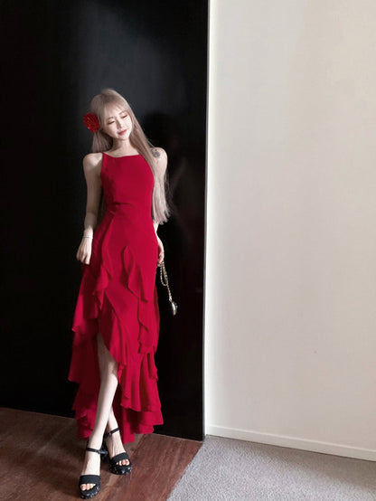 Vestido francés burdeos con tirantes en forma de A ED01253