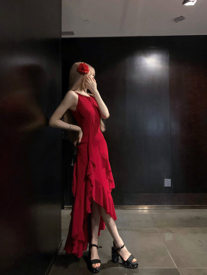 Vestido francés burdeos con tirantes en forma de A ED01253