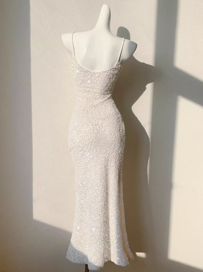 Vestido de fiesta estilo sirena con tirantes y lentejuelas bordadas en champán francés ED01254