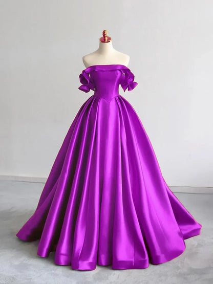 Vestido de fiesta largo azul oscuro de satén con hombros descubiertos y corte en A, vestido formal largo azul oscuro ED01256