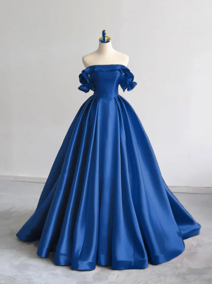 Vestido de fiesta largo azul oscuro de satén con hombros descubiertos y corte en A, vestido formal largo azul oscuro ED01256