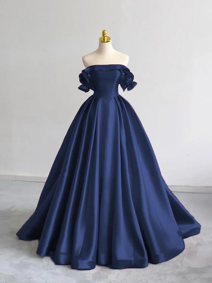 Vestido de fiesta largo azul oscuro de satén con hombros descubiertos y corte en A, vestido formal largo azul oscuro ED01256