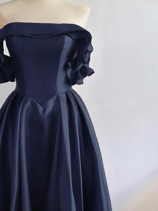 Vestido de fiesta largo azul oscuro de satén con hombros descubiertos y corte en A, vestido formal largo azul oscuro ED01256