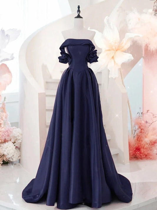 Vestido de fiesta largo azul oscuro de satén con hombros descubiertos y corte en A, vestido formal largo azul oscuro ED01256