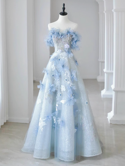 Vestido de fiesta largo azul de tul con lentejuelas y hombros descubiertos, corte en A, vestido formal largo azul ED01259