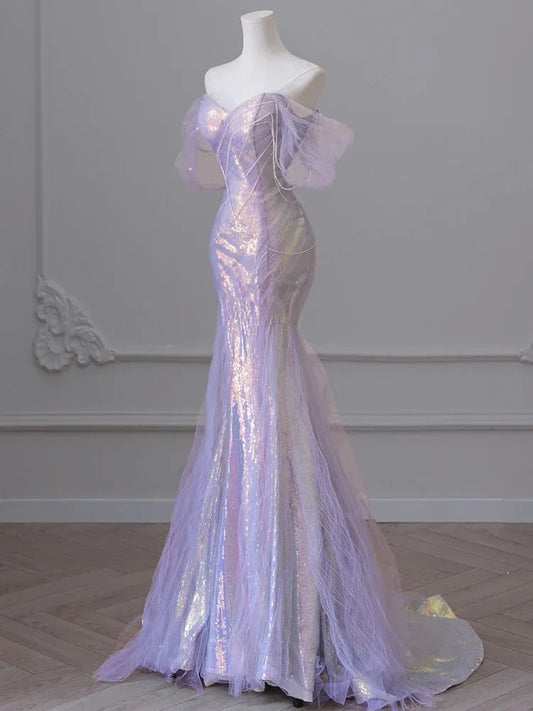 Vestido de fiesta largo de sirena con escote corazón y lentejuelas en color morado - Vestido de fiesta largo con cola de tul y cuentas estilo cuento de hadas para eventos ED01264