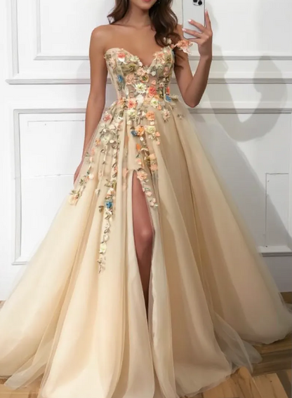 3D flowers A-Line Prom Dresses one shoulder strap Lace Appliques Evening Gown ED01267