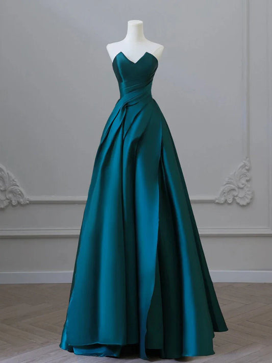 Vestido de fiesta largo de satén verde con corte en A, vestido formal largo de satén verde ED01268
