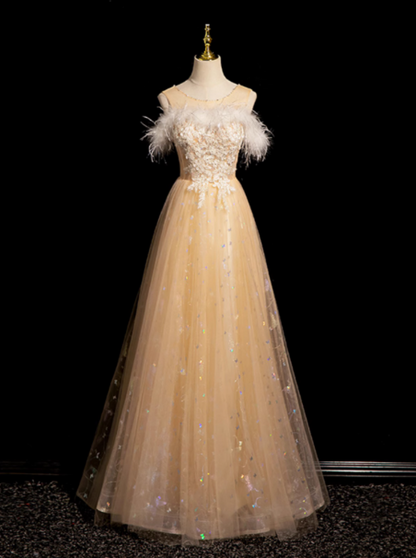 A-line Crew Neck Tulle Embroider Sequins Long Prom Dress, Dark Champagne Formal Dress ED01271